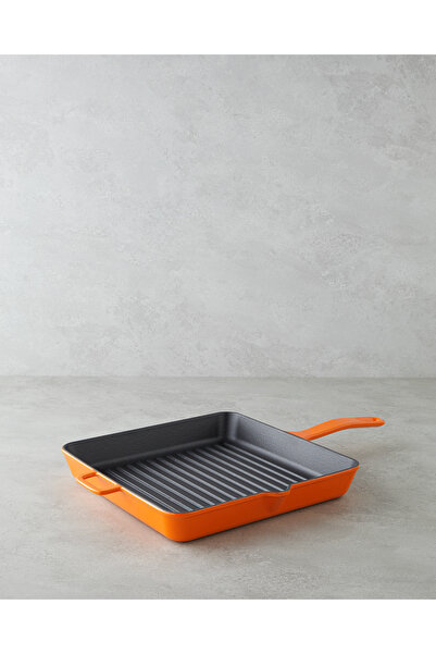 Hecha مقلاة شواء مربعة من الحديد الزهر مقاس 30 سم برتقالية