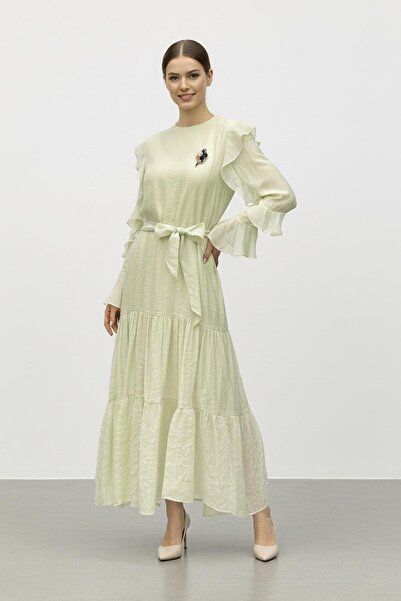Puane Ruffle Sleeves Belted Layered Long Dress-12673 - Almond Green