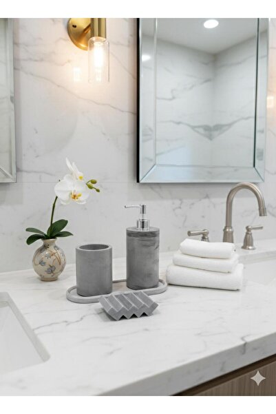 BeeCandleHome Gri Mermer Desenli 4’lü Oval Tepsili Banyo Seti - Gümüş Renk Pompa