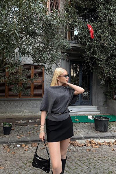 lizge giyim سترة تريكو بياقة قارب وكم خفاش مع حزام