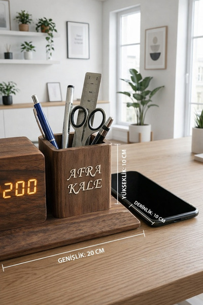 Duru Dijital Kişiye Özel İsimli Ahşap Görünümlü Kalemlikli Dijital Masa Saati...