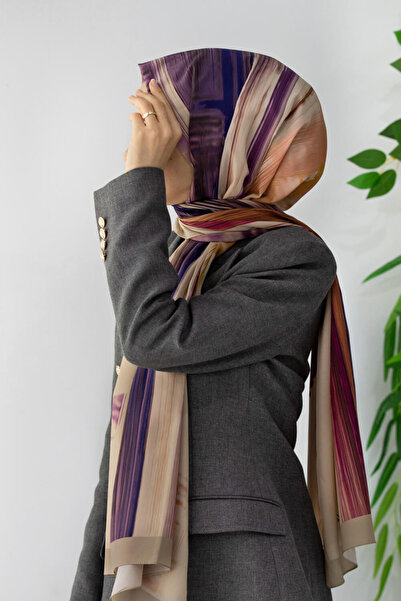 Vissona LÜKS MEDİNE İPEĞİ ÇİZGİ DESENLİ MOR RENKLİ 75X195 KIRIŞMAZ ŞAL MOSS K...