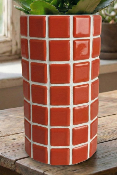 Tasarım El Yapımı Mozaik Silindir Vazo | Seramik Malzeme Modern Dekor