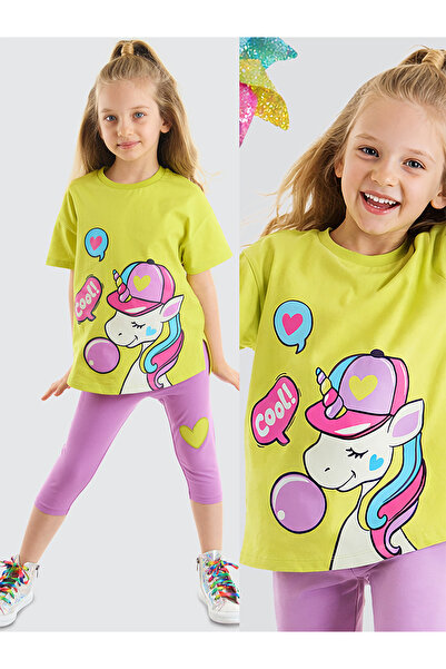 Denokids طقم تي شيرت صيفي بنمط وحيد القرن للفتيات وطماق أرجوانية