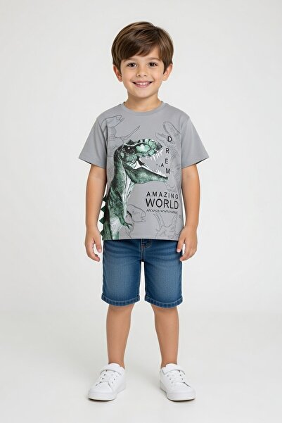 Cansın Mini T-shirt για Βaby Αγόρι με Τύπωμα Καπνιστού Δεινόσαυρου, Λαιμός Cr...