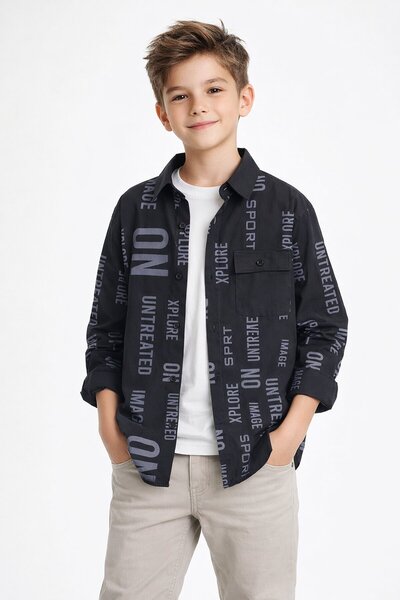 Cansın Mini طقم قميص أسود مطبوع وتي شيرت أبيض للأولاد - 20136