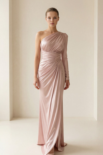 Setre Pudra Tek Kol Detaylı Drapeli Belden Oturtmalı Ve Yırtmaçlı Uzun Abiye ...