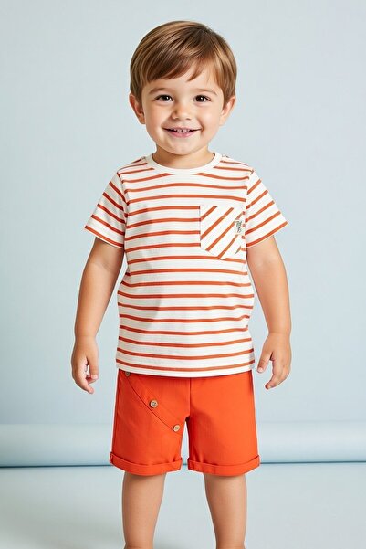 Cansın Mini طقم بيبي بوي مع تي شيرت برتقالي مخطط وشورت جينز 18522