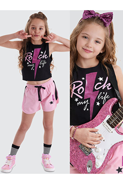 MSHB&G Rock Life Girl - Black Pink Summer Crop T-shirt and Shorts Set