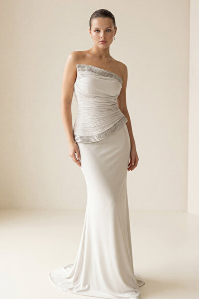 Setre Taş Straptez Taş Ve Drape Detaylı Tam Kalıp Uzun Abiye Elbise