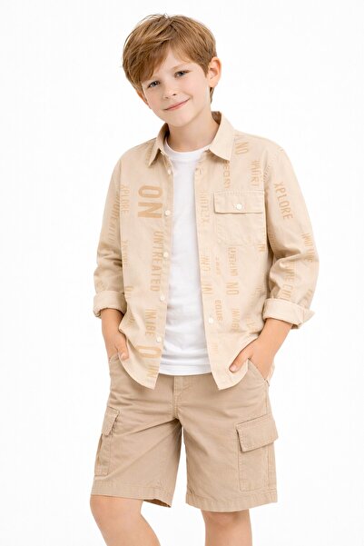 Cansın Mini Cămașă Bej Imprimată Text - Set Băieți Tricou Alb