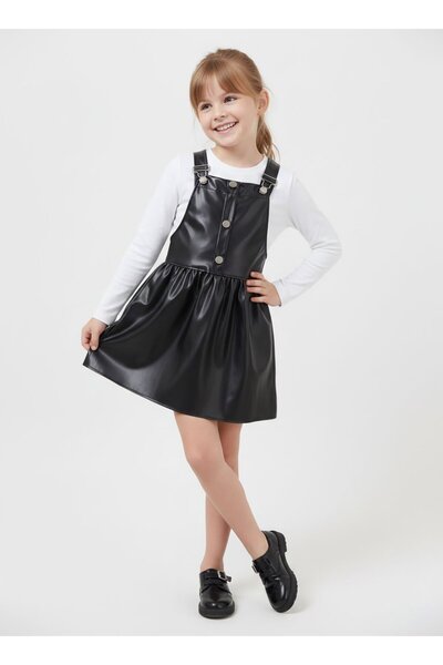 Cansın Mini Чорні шорти з бретелями для дівчаток зі штучної шкіри 17637