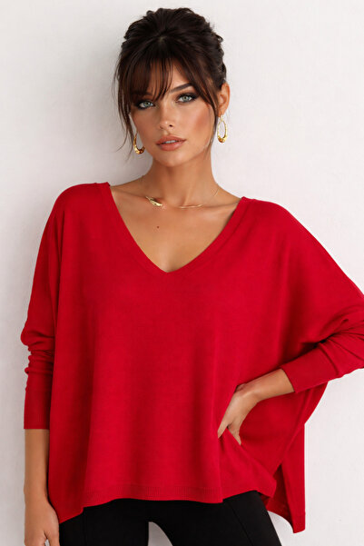 Be Best Kadın Kırmızı V Yaka Salaş Bluz BE285