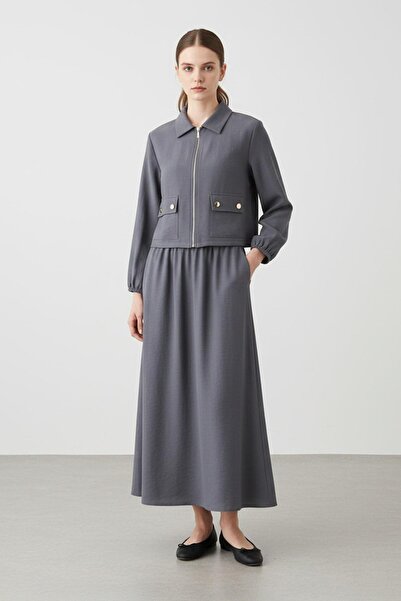 Puane Zippered Jacket and Elastic Waist Skirt Set – 14436 - Anthracite