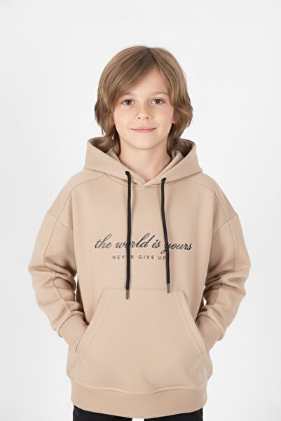 Cansın Mini Krem Göğüs Yazılı Kanguru Cepli Kapüşonlu Erkek Çocuk Sweatshirt ...