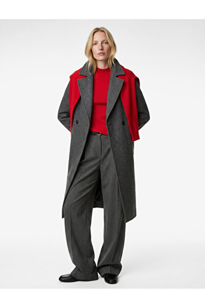 Koton Uzun Kaşe Kaban Kruvaze Uzun Kollu Düğmeli Cepli