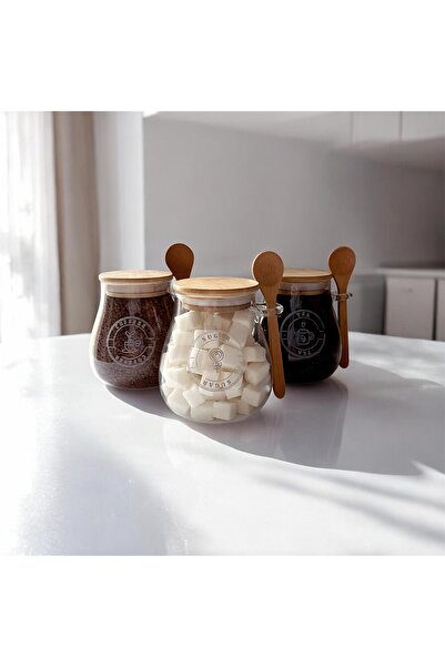 Rolin Design 3’lü Bambu Kapaklı Kaşıklı Kavanoz Çay,Şeker,Kahve