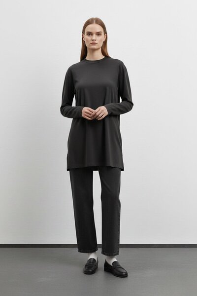 Puane Γυναικείο Βασικό Μακρυμάνικο Χαλαρό Τουνίκ-40017 - ΜΑΥΡΟ