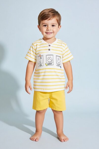 Cansın Mini Yellow Striped Emoji Printed Shorts Set for Baby Boy - 18599