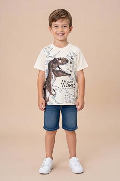 Cansın Mini Cream Dinosaur Printed Crew Neck Baby Boy T-Shirt 20948
