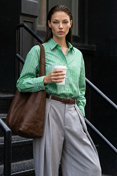 Madmext Cămașă pentru femei, cu dungi verde mentă, Regular croială MG2610