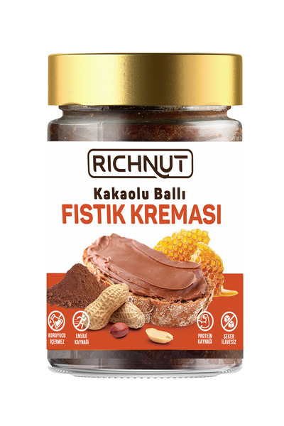 RİCHNUT Kakaolu Ballı Fıstık Kreması (Şeker, Katkı, Koruyucu İçermez) 300 gr