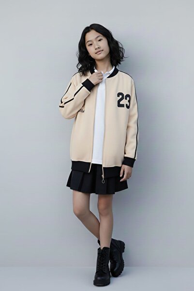 Cansın Mini سترة بيج جميلة مكتوبة بحزام للفتيات الصغيرات 21195