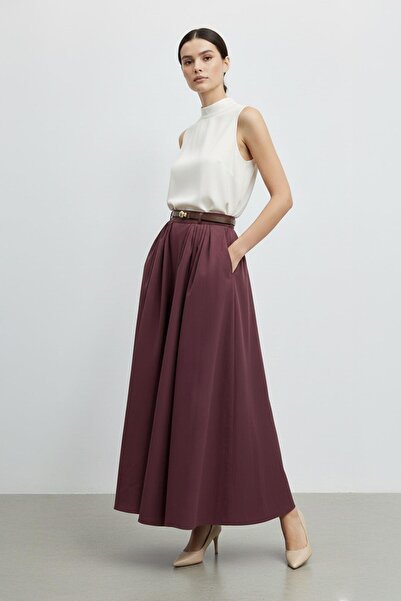 Soul Kemer Detaylı Yüksek Bel Uzun Pileli Kadın Etek-32463 - BURGUNDY