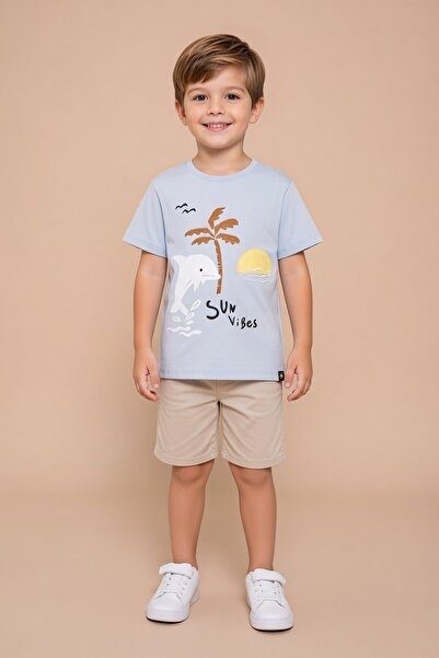 Cansın Mini Blue Fish Printed Embroidered Baby Boy Crew Neck T-Shirt 20943