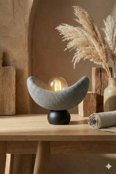 Storizaa مصباح طاولة بتصميم لونا، عاكس الضوء بتفاصيل برونزية رمادية، ضوء كهرم...