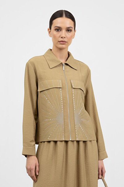 Puane Women's Zippered Collar Stone Detailed Two-Piece Suit-14437Tks - Olive