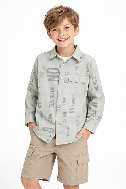 Cansın Mini Haki Yazı Baskılı Gömlek Beyaz Tişörtlü Erkek Çocuk 2'li Takım 20138