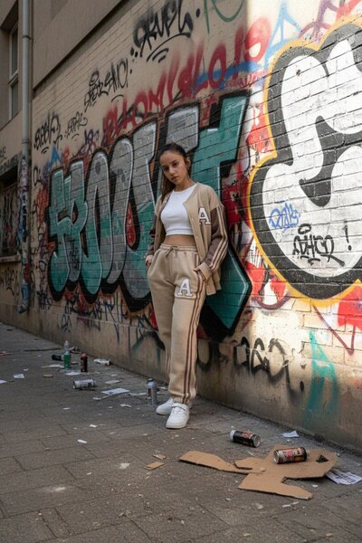 Cansın Mini طقم رياضي مخطط بثلاث خيوط للفتيات مع سترة مكتوبة باللون البيج 21298