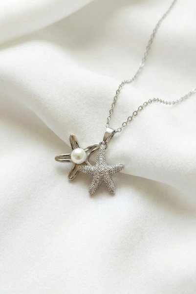 özgül takı ve tasarım Starfish Model Pearl Detailed Stainless Steel Silver Color Women's Necklace