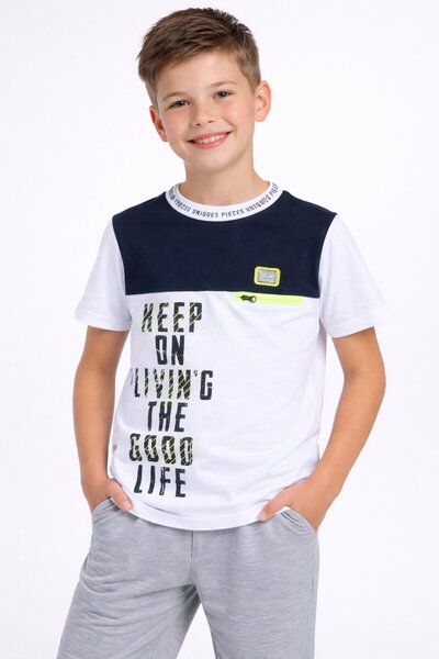 Cansın Mini Boy's Navy Blue Zipper and Neon Detail 8-13 Years Old T-Shirt 6205