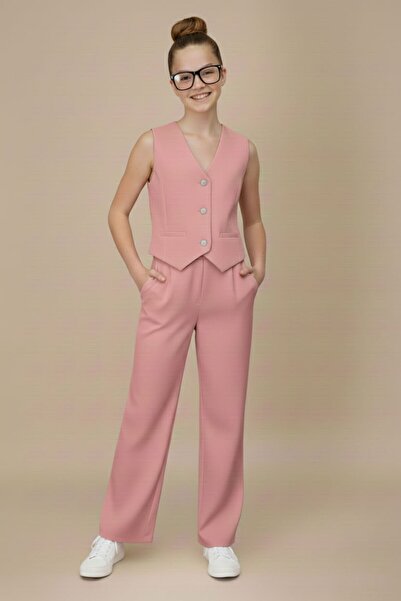 Cansın Mini Pembe V Yaka Düğmeli Yelekli Geniş Paça Pantolonlu Kız Çocuk 2li ...