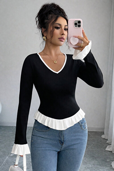 meren like your style черна блуза с дълъг ръкав и V-образно деколте с бели де...