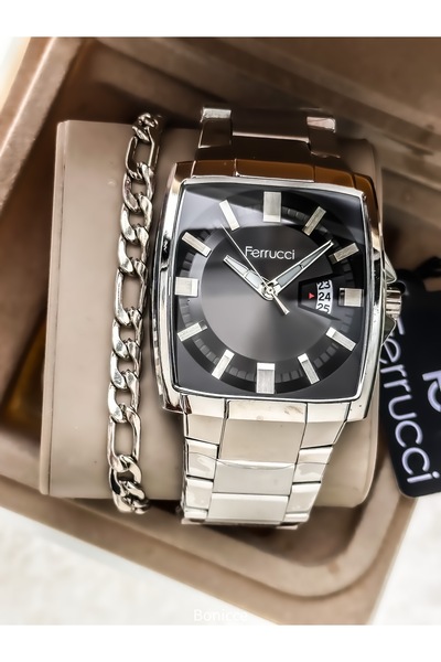 Ferrucci Gümüş Renk Çelik Kordon Takvimlierkek Kol Saati Tesbih Bileklik