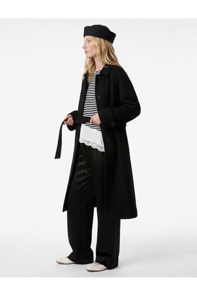 Koton Long Sleeve Pocketed Buttoned Belted Long Cashmere Coat