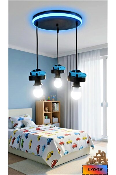 Eyzhen Bebek/Çocuk Odası El Yapımı Taş Mavi Araba Figürlü Neon Ledli 3'lü Sar...