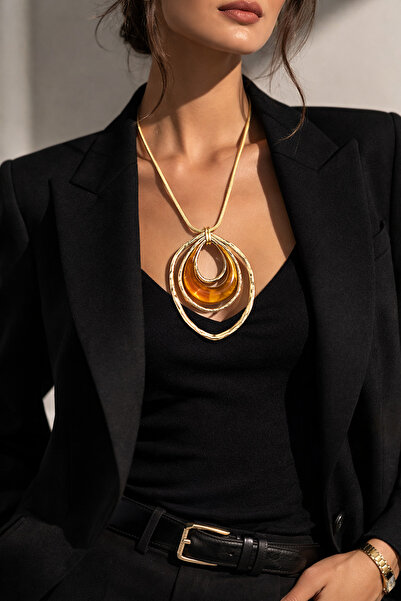 COCOSH TAKI Gold Color Modern Design Big Ring with Amber Color Charm Multiple...