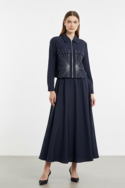 Puane Women's Zippered Collar Stone Detailed Two-Piece Suit-14437Tks - Navy