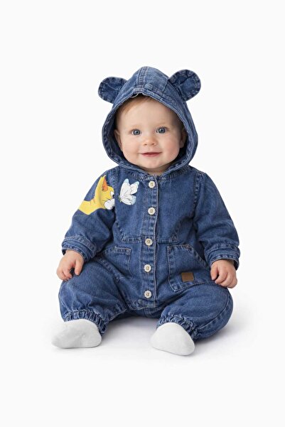 CROCODAYS Unisex Çocuk Bebek Kot (JEANS) Baskılı Kapşonlu Tulum (3/6/9/12) Ay