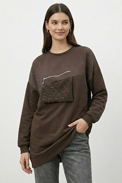 Puane Women's Crew Neck Long Tunic with Front Zipper and Stone Detail - 10768...