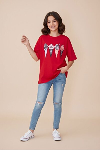 Cansın Mini Tricou supradimensionat pentru fete cu mânecă scurtă cu imprimeu ...