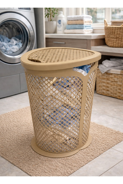 ALQANNAS Oval Laundry Basket with Lid | Beige