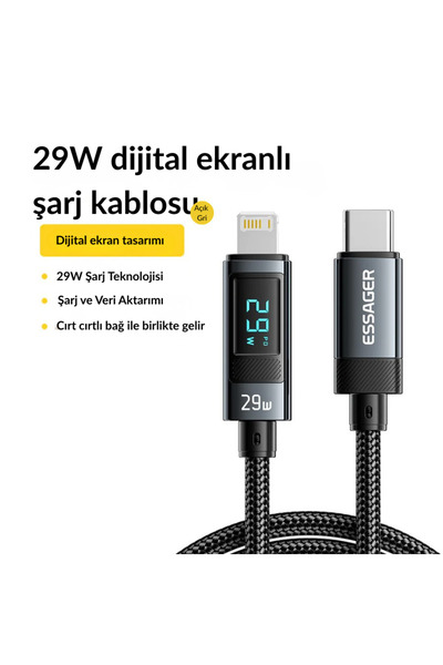 essager 29W Dijital Göstergeli Hızlı Şarj Kablosu Type-C to Lightning iPhone 1M