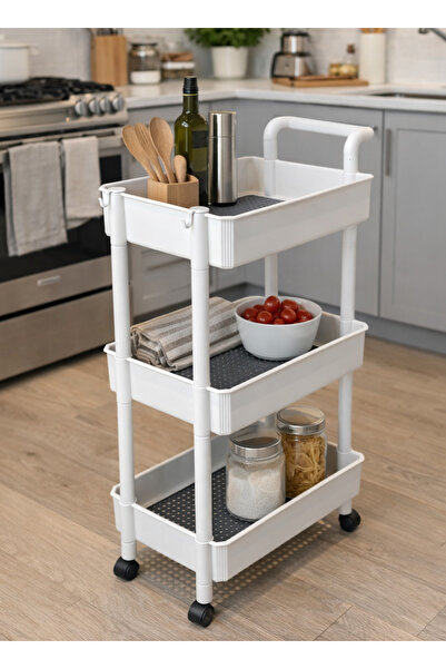 ALQANNAS عربة تخزين خضراوات بلاستيكية بثلاثة أرفف مزودة بعجلات 360 درجة