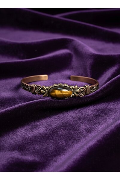 Meneva Aksesuar Doğal Kaplangözü Taşlı Antik Bakır Kelepçe Bileklik