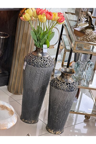 YASAR CONCEPT Elvion Metal Yer Vazosu Set Gri 24x57 Cm ve 28x75 Cm